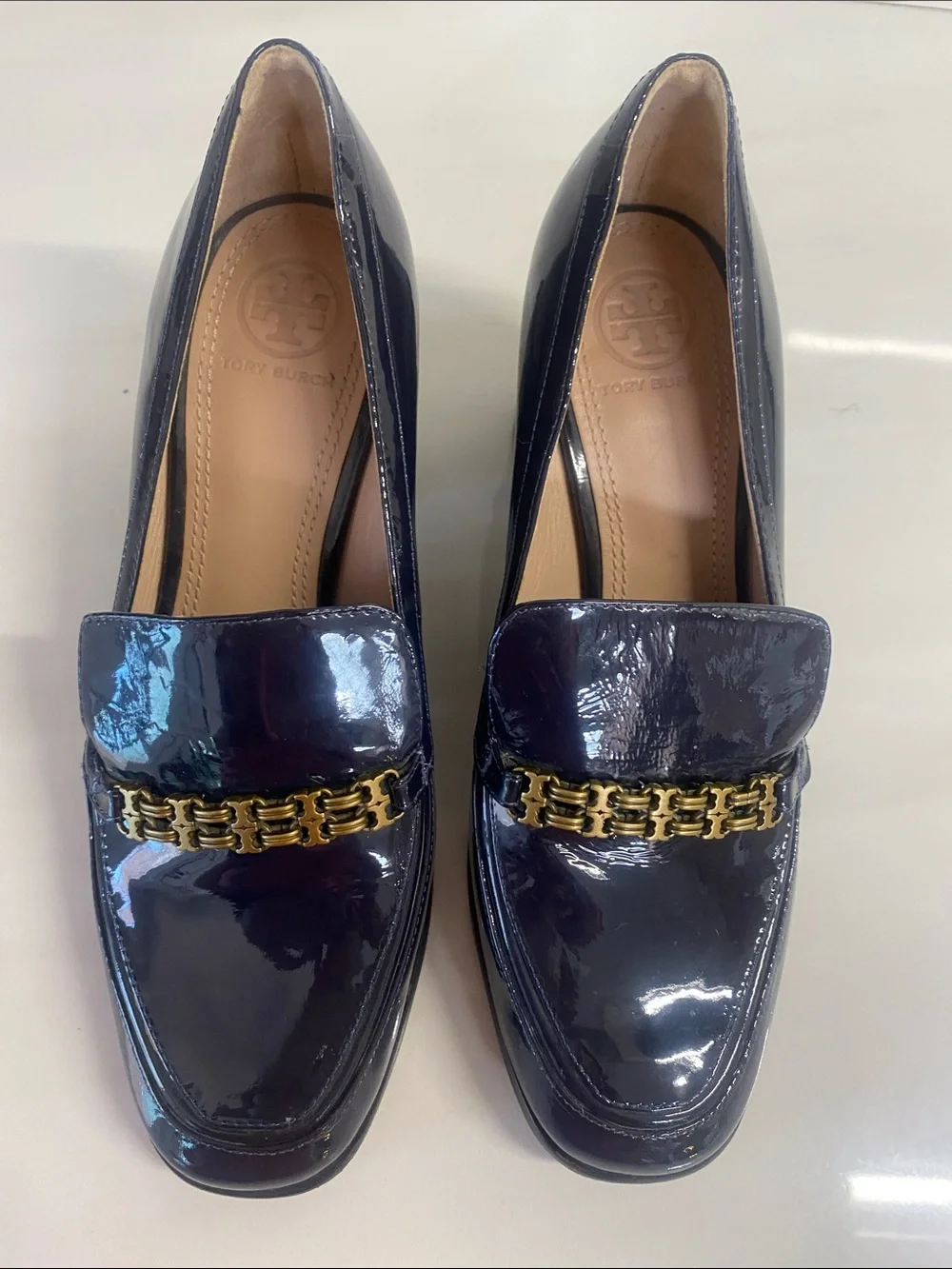 TORY BURCH Navy Patent Loafers with Gold Chain